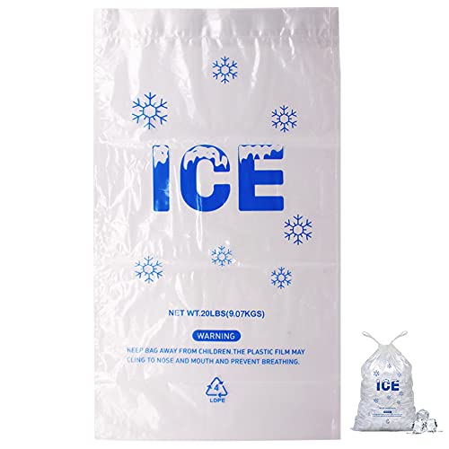 Image of 100 PACK 20 lb. Plastic Drawstring Ice Bags 14 x 28 Inch Heavy-Duty Ice Bags with Plastic Draw String (2.8mil Thickness)