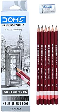 Doms Drawing & Sketching Graphite Pencils - Grade HB, 2B, 4B, 6B, 8B & 10B | Hi Precision For Sketching | Dark & Neat Drawing | Comes With 1 Eraser (Pack of 6 x 5 Set)