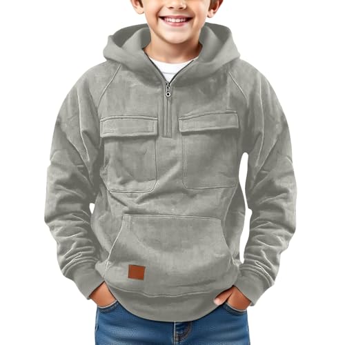 Teen Boys Fleece Cargo Hoodies Plain Front Pockets Pullover Hooded Sweatshirt Half Zipper Cotton Warm Fall Clothes