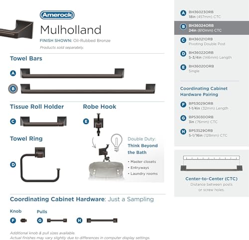 Image of Amerock Mulholland 24 inch Oil-Rubbed Bronze Towel Bar | Decorative bathroom hardware in durable Zinc /Stainless Steel construction; mounting hardware included for easy installation