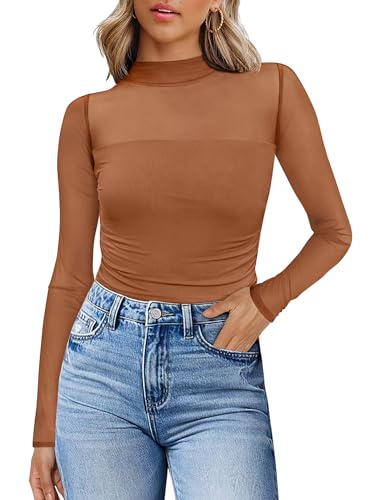 Fall Clothes for Women Boho Tops Ruched Mesh Long Sleeve Turtle Neck Ruched Tops Sheer Early Fall Fashion Clothing 2025 Orange L