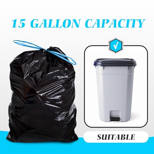 Image of Teivio 15 Gallon 60 Counts Strong Tall Kitchen Drawstring Trash Bags, Medium Plastic Garbage Bags for Home Kitchen Garden Office Tall Trash Can, Black Waste Bin Liners