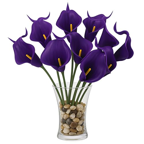 Image of 10 Pcs Artificial Calla Lily Flowers Bunch for Vase and Flower Pots- Premium Real-Look Faux Lily Stems for Home Decor, Living Room, Bedroom, Office Decoration (Vase not Included) (Purple)