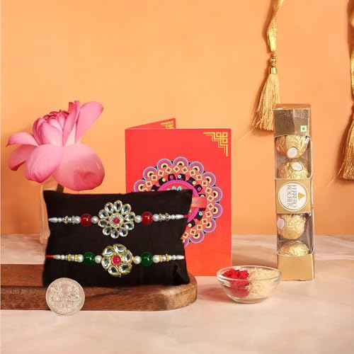 Image of Frostick Designer Rakhi With Chocolate Gift For Bhaiya /Bhai /Brother With Greeting Card, Tilak Chawal And Silver Coin (Ferero Rocher, Pack Of 2) (Random Design Rakhi, 150 Gm)