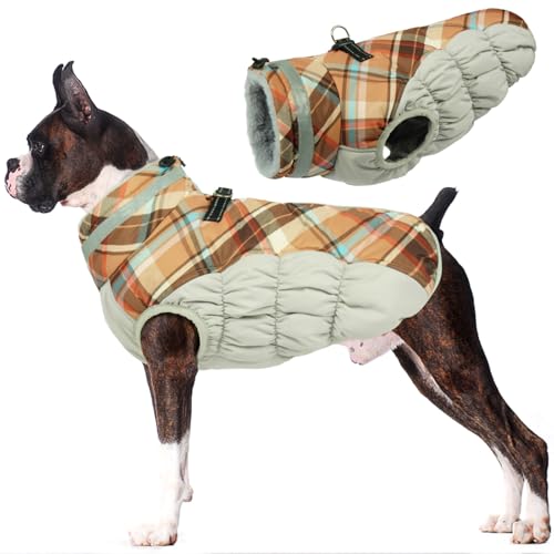 Lelepet Warm Dog Winter Coat Dog Coats for Large Dogs Waterproof Dogs Jacket with Harness Built in Reflective Cold Weather Coats Windproof Zip-Up Winter Fleece Vest Snowsuit Boxer Brown Plai