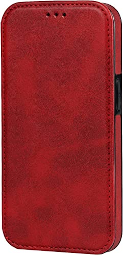Étui portefeuille iPhone 14 rouge en cuir PU avec porte-carte