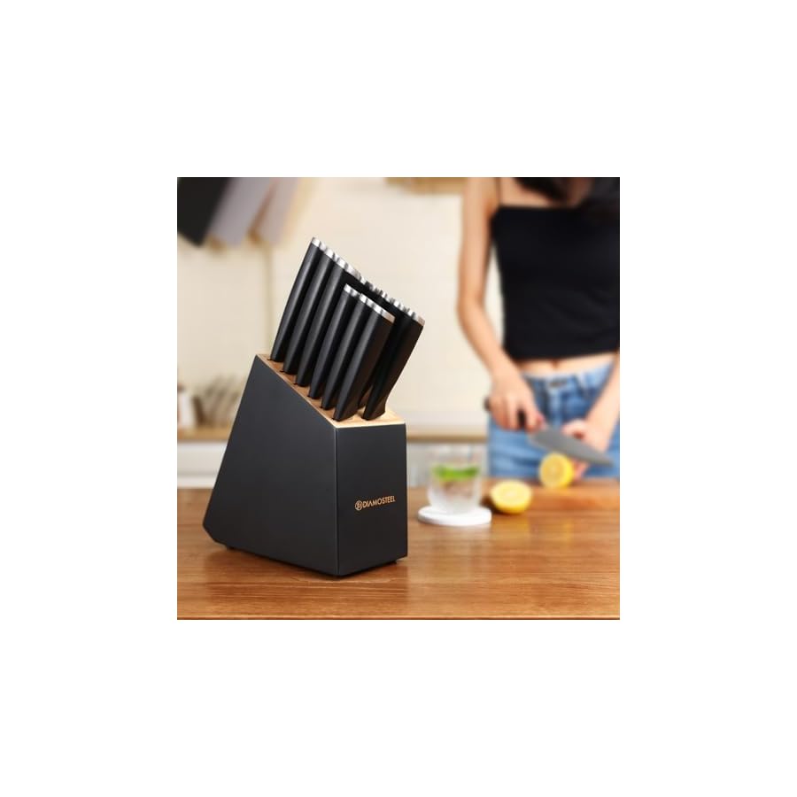 diamosteel Kitchen Knife Set with Block, 13 Pieces Knife Block Set with Built-in Sharpener Scissors for Kitchen, High Carbon Stainless Steel Knife Set (Black)