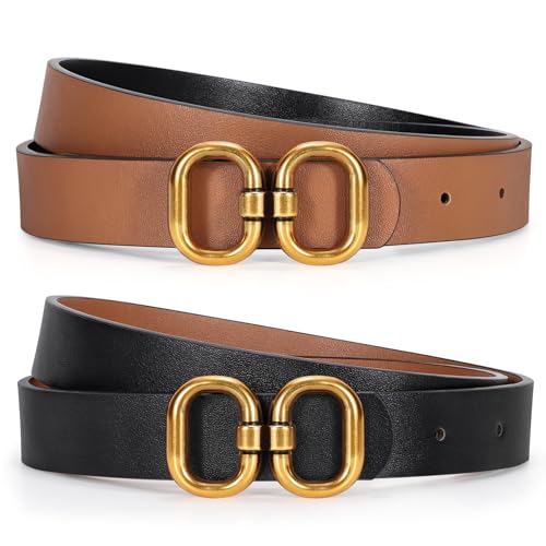 KASBAH Women Reversible Leather Belt for Jeans Dresses Two-in-One Ladies Waist Belt With Gold Buckle