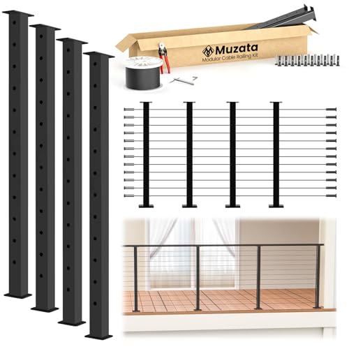 Muzata 15-20FT Modular Black Cable Railing Kit 42 Inch 4 Level Post Kit Complete Set Cable Railing System for Decks Length Adjustable Easy DIY with Paper User Guide (No Handrail) RWS2 BH4L