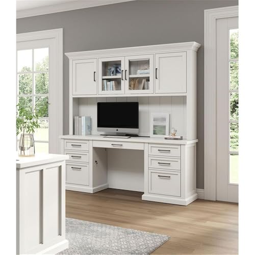 Modern Wood Hutch with Doors and Desk Storage Fully Assembled White