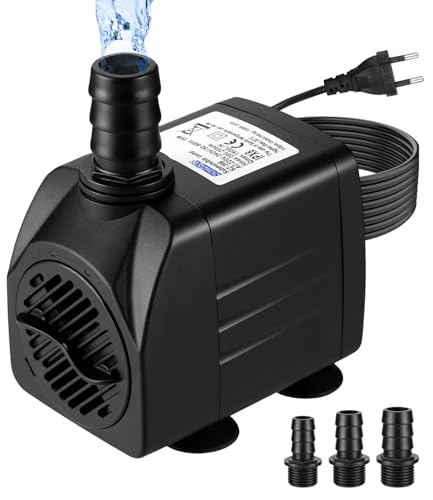 heuchaey Wasserpumpe, 1800L/H, 25 W Ultra Leise Aquarium Pumpe mit hohem Hub, Tauchpumpe mit 3 Düsen für Teich, Garten, Brunnen, Aquarium, Tischbrunnen, Statuen, Hydrokultur, Schwarz