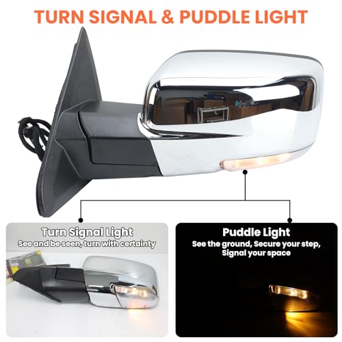 Left Driver Side Mirror Compatible with 2013-2018 Dodge Ram 1500 2500 3500 With Power Folding Turn Signal Puddle Light Temperature Sensor Heated Power Glass Chrome Replace 68096197AF(10+2Pins) by KAPAMZ - Used condition - Image 3