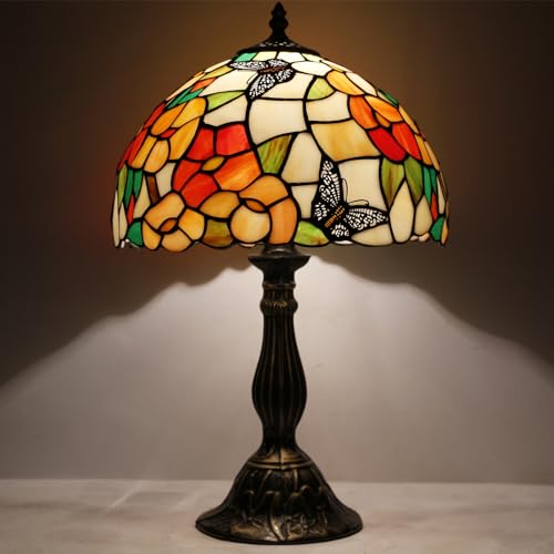 Image of WERFACTORY Tiffany Table Lamp Bedside Pink Stained Glass Lamp 18 Inch Tall