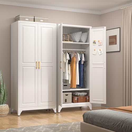 UNICOLY Armario con puertas, armario de 71 pulgadas con barra para colgar, armario de metal con 2 estantes ajustables para dormitorio, escuela, empleado, gimnasio, armarios de ropa para dormitorio