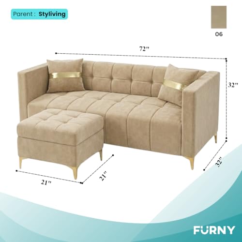 Image of FURNY Styliving 4 Seater L Shape Sofa Set with Movable Ottoman & Golden Legs | Flexible Left or Right Layout | Plush Velvet Fabric (Beige) | Perfect for Living Room, Guest Room & Office
