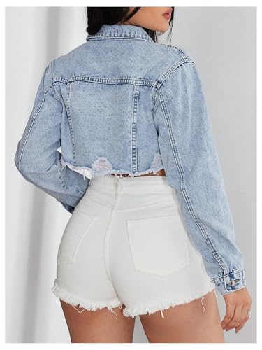 Floerns Women's Y2k Cropped Jean Jacket Long Sleeve Button Up Frayed Denim Jacket2
