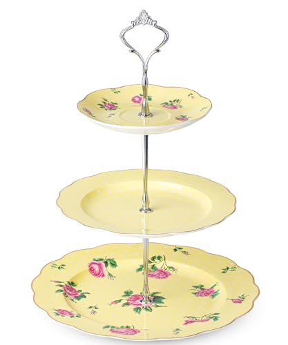BTaT- 3 Tier Dessert Stand, Yellow, Afternoon Tea Stand, Porcelai Dessert Tower, 3 Tier Tea Sandwich Stand, Tiered Plate Stand, Tiered Plate Stand, Tea Party Tray 3 Tier