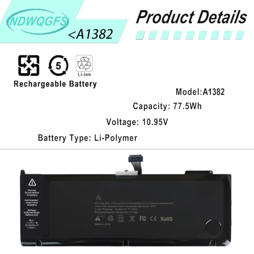 Image of A1382 Battery for MacBook Pro 15 inch Core i7 (Early 2011 Late 2011 Mid 2012) A1286 A1382 Laptop Battery Replacement for MacBook Pro 8,2 9,1