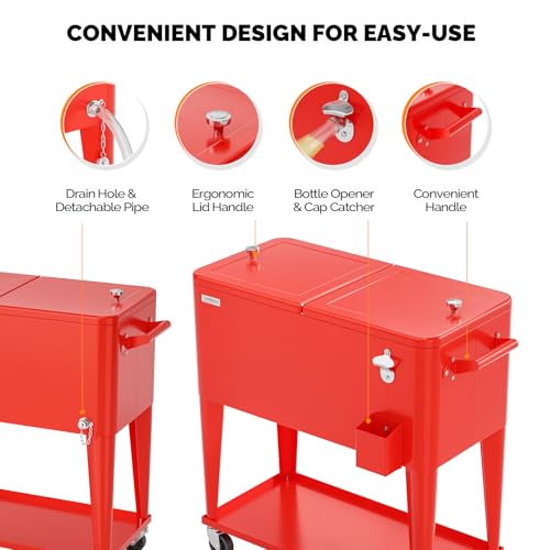 Image of VINGLI Rolling Ice Chest, Portable Patio Party Bar Drink Cooler Cart, with Shelf, Beverage Pool with Bottle Opener