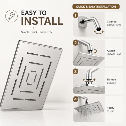 Image of Maipo Maze 12 Inch Square Rain Shower Head, Stainless Steel Overhead Shower for Bathroom, Ceiling Shower Head, Chrome Finish, Universal Fit, Anti-Clog Silicone Nozzles