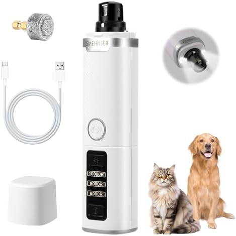 Dog Nail Grinder, 3-Speed Quiet Electric Dog Nail Trimmers, Rechargeable Dog Nail Clippers with 2 LED Lights for Small Medium Large Dogs, Upgraded Pet Paw Grooming Kit, 2 Grinding Wheels