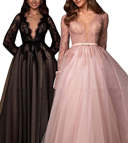 WORDSKEI Long Sleeve Prom Dress V-Neck Laces Tulle Wedding Dresses A Line Formal Evening Gowns3