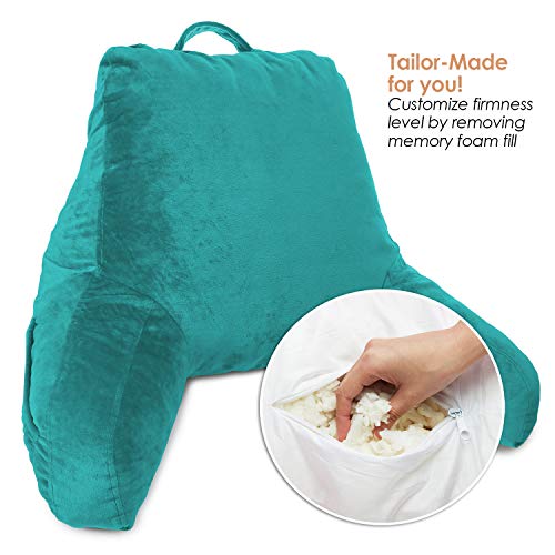 Clara Clark Reading Pillow, Back Rest Pillow For Sitting In Bed With Arms For Kids & Adults - Premium Shredded Memory Foam Tv Sit Up Pillow - Medium, Teal Blue #TOP1