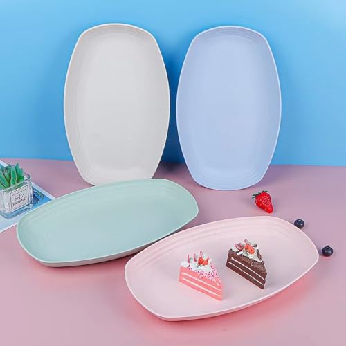 Image of Reusable Wheat Straw Serving Plate for Party, Steak, Pizza, Sauce, Appetizer, Sushi, Snacks, Side Dish, Dessert, Fruits, Salads,Wedding Dishwasher & Microwave Safe (Blue, Pack of 2)