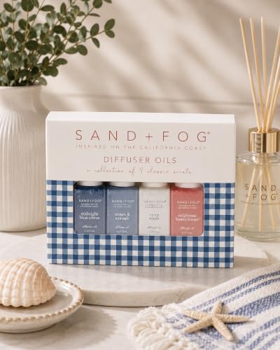 Image of Sand + Fog Diffuser Oils Gift Set, 4 Pack, 0.33 fl oz Each (Midnight Blue Citrus, Ocean & Sea Salt, Crisp White, California Beach House)