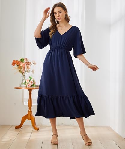 Image of Women's Summer Short Sleeve Maxi Floral Flowy Dresses with Pockets