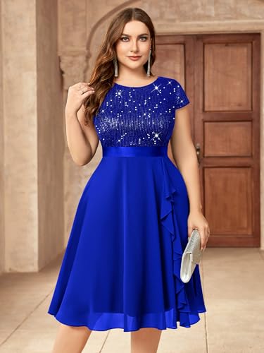Knitee Women's Plus Size Elegant Sequin Glitter Chiffon Ruffle Style Cocktail Prom Flowy Dress4