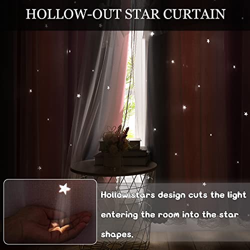 Image of Yancorp Curtains for Girls Bedroom Kids Curtain Hollow-Out Star Window Nursery Curtain 63 inches Length Room Darkening Grommet 2 Layers (Purple Pink Grey, W34 X L63)
