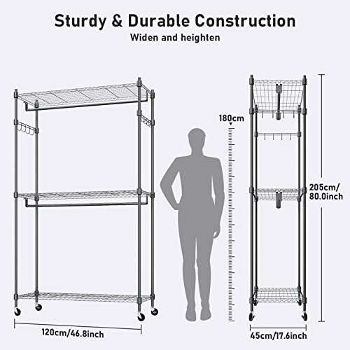 Heavy Duty Garment Rack On Wheels, Portable Clothes Racks For Hanging Clothes, Simple Sturdy Wardrobe Rack With Double Hanging Bar, 2 Hanger Hooks - Hold Up To 400Lbs (Black, 2Rod 2Hook) #TOP2