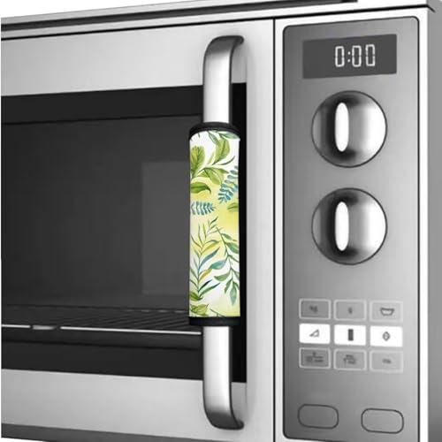 Image of 6 PCS Fridge Oven Door Handle Covers Washable Microwave Dishwasher Door Cloth Protector Anti Slip Water-Resistant Easy Installation Keep Off Smudges, Fingerprint, Stain, Leaf Green