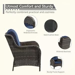 Patio Wicker Chairs Set of 2 Patio Rattan Dining Chairs with 35 inch Seat Cushions High Back and Curved Armrest for Garden Backyard Balcony and Deck Blue