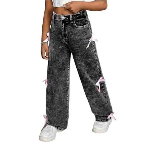 Bow for Girls Wide Leg Baggy Denim Pants,Cute High Waisted Kids Clothes Casual,Teen Trendy Washed Jean Flare Leg Trouser