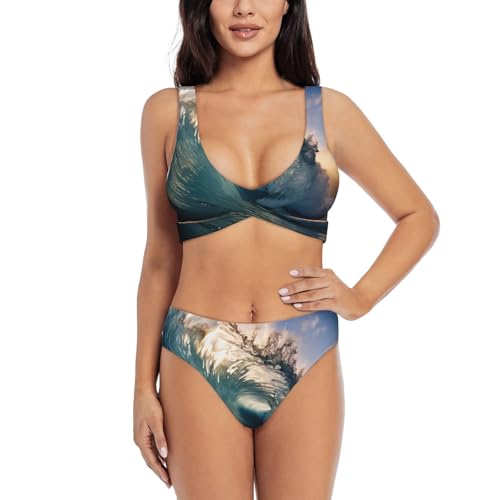 Bikini 2 pièces imprimé vagues pour femme : maillot de bain gainant élégant