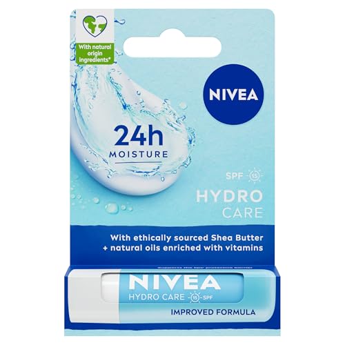NIVEA Lip Balm Hydro Care with SPF 15 (4.8g) Hydrating Lip Balm with Shea Butter Natural Oils and Vitamins Provides 24 Hour Moisture and Protection