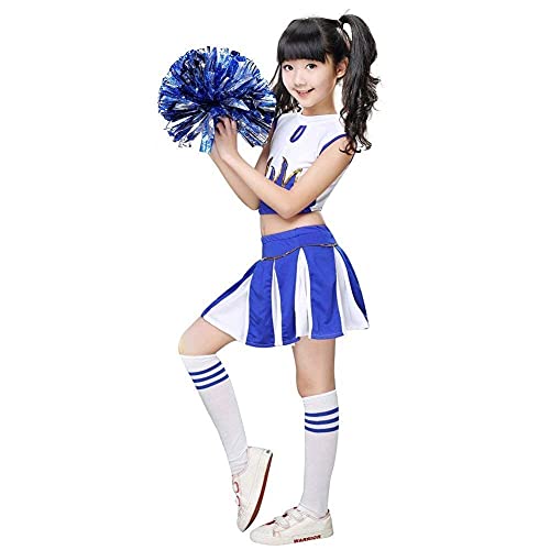 Lolanta Little Girls Cheerleader Costume Crop Tank Pleated Skirt Set Cheer Outfit With Pom Pom(Blue, 5-6) #TOP6