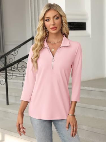Women's 3/4 Sleeve Tops V Neck T Shirts Zipper Solid/Color Block Collared Polo Shirts2