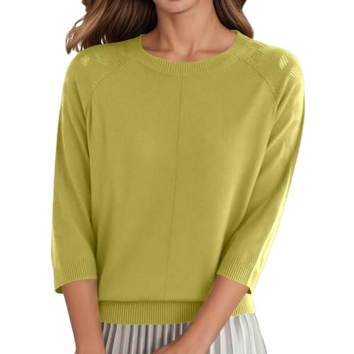 Image of Generisch Casual women's knitted jumper with crew neck, three-quarter sleeves, soft material for comfortable, yellow, XL