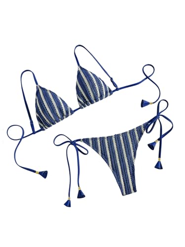 GORGLITTER Womens Striped Crochet Bikini Sets Halter Triangle String Thong 2 Piece Beach Swimwear Blue L