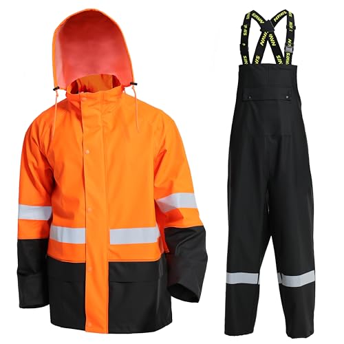 NAVIS MARINE Rain Suits for Men Heavy Duty Workwear Waterproof Jacket with Pants 3 Pieces (Fluorescent Orange, Medium)