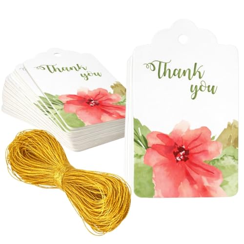 Image of CVANU Floral Thank You Gift Tags (Set of 150), Elegant Flower Design (D10) Hanging Tags with Gold String for Wedding Return Gifts & Small Business Packaging (2.85 x 1.7 Inch)