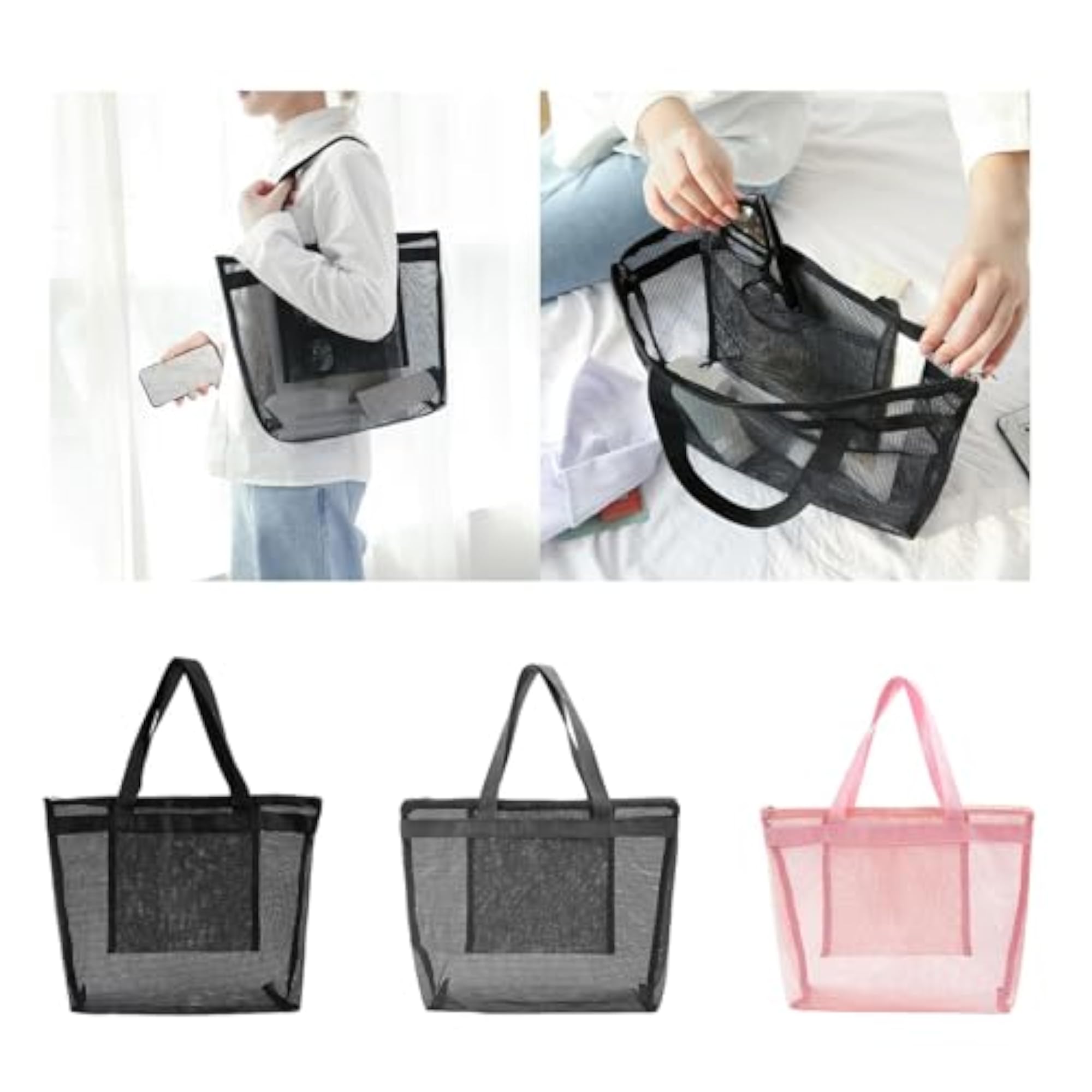 Mesh Beach Bag with Zipper, Large Capacity, Stylish Black