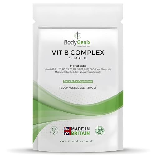 Bodygenix VIT B Complex Tablets - 8 Vitamins B1 B2 B3 B5 B6 B7 B9 B12 Folic Acid Biotin Folate High Absorption Vegan Friendly Natural Supplement - 30 Tabs 1 Month Supply