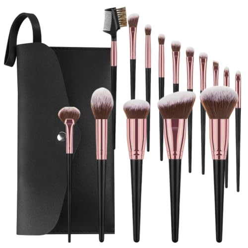 Vicloon Set de Brochas de Maquillaje, 15 Piezas Juego de Pinceles de Maquillaje Profesional con 2 Soplos de Polvo, Brochas de Maquillaje de Primera Calidad Set Para Fundación Corrector, Negro