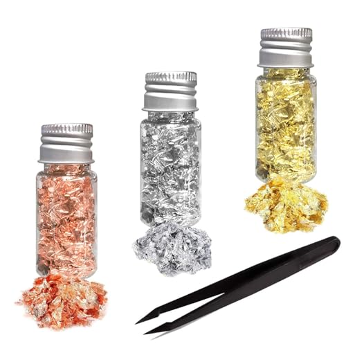Funngy LáMina de Oro para Resina,3 Botellas Copos de Oro Lámina Decorativa Copos de Hojas MetáLicos Multifunción Papel Aluminio Dorado con Pinzas para DIY Uñas Arte Resina Manualidades Decoración
