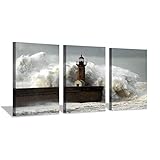 Ocean Wave Canvas Wall Art: Lighthouse Seascape Artwork Painting Print on Canvas Pictures for Living...