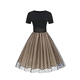 Women O-Neck Short Sleeve Mesh Tulle Patchwork Dress Polka Dots Vintage Party Dresses Black S
